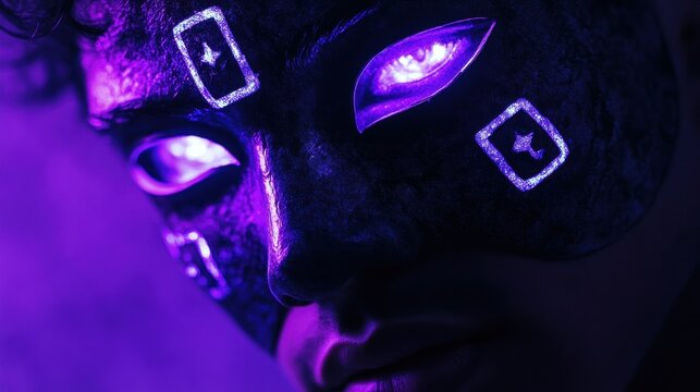 菱形のネオン記号が光る黒いマスクを被った人物。紫色の発光と鋭い視線のクローズアップ