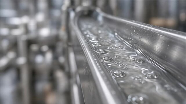 Cinematic clean water technology background with clear liquid flow along shiny metal steel pipe channel modern factory interior industrial pipeline detail with shallow depth of field soft blur bokeh