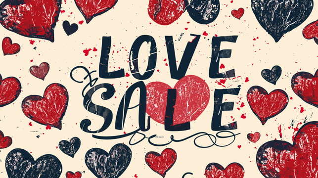 Bold Love Sale Text with Scattered Hearts Vector Illustration on Distressed Background