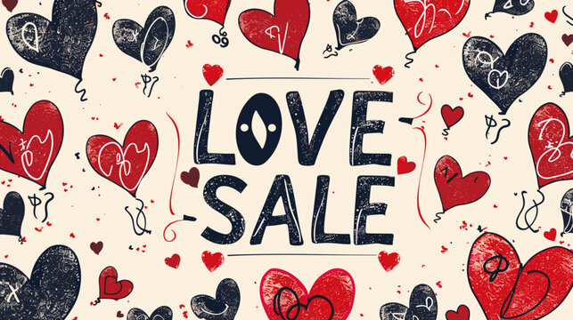 Bold Love Sale Banner with Scattered Hearts and Black White Typography Illustration
