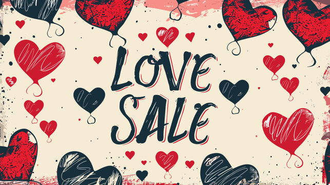 Love Sale Banner with Floating Hearts and Bold Typography on White Background