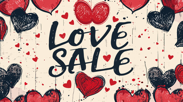 Handwritten Love Sale Text with Scattered Hearts Illustration on Chalkboard Background