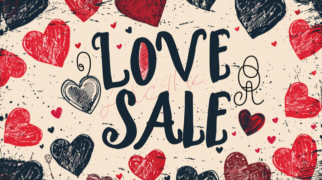 Hand Drawn Love Sale Banner with Hearts and Bold Typography on Textured Background