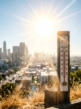 Summer heat background - Thermometer sky and sun rays