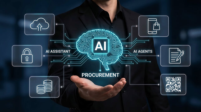 Businessman holding AI brain icon for smart AI procurement and automation tech