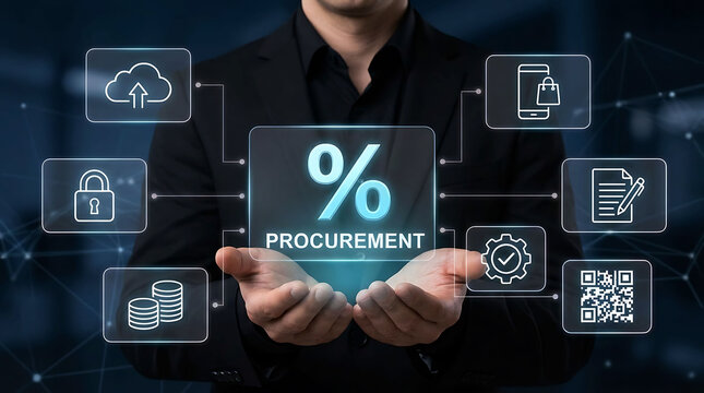 Businessman holding digital procurement process icon for business discount management