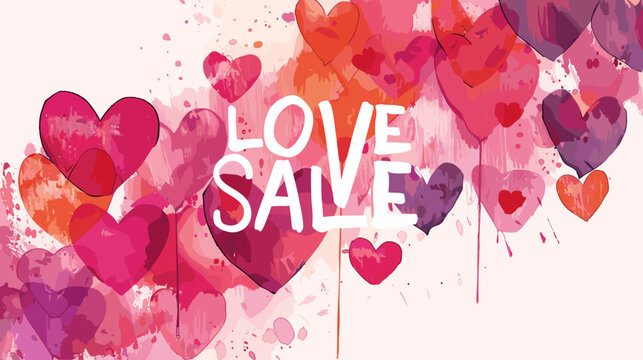 Hand Painted Watercolor Hearts with Bold Love Sale Typography Illustration