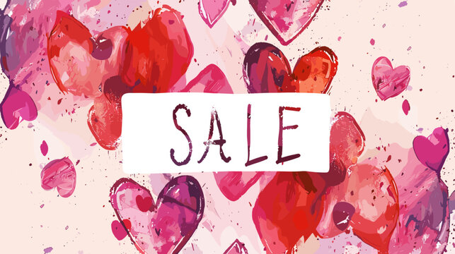 Sale Sign with Scattered Hearts on Watercolor Background Vector Illustration