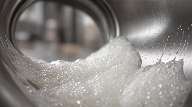 Cinematic clean water technology background with foam and bubble liquid stainless steel pipe interior and equipment industrial flow macro texture abstract hygiene concept for modern production design