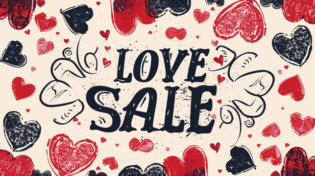 Hand Drawn Love Sale Banner with Hearts and Bold Typography on Red Background