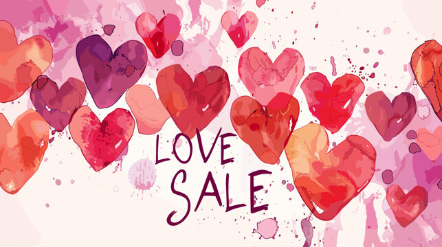 Hand Drawn Watercolor Hearts with Love Sale Text Vector Illustration