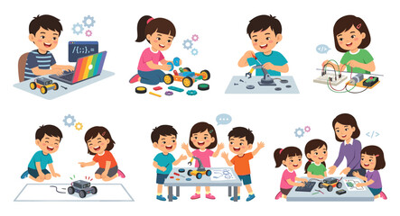 Cute Children and Teacher Learning STEM Robotics Coding and Electronics Engineering Vector Illustration Set for School Education Websites and Textbook Cover Designs