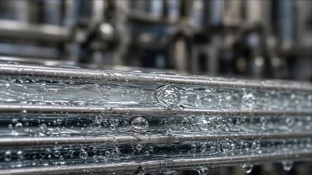 Liquid coolant macro metal pipe water bubble industrial detail clear fluid engineering texture cinematic clean water technology background with flowing liquid and air bubble texture industrial