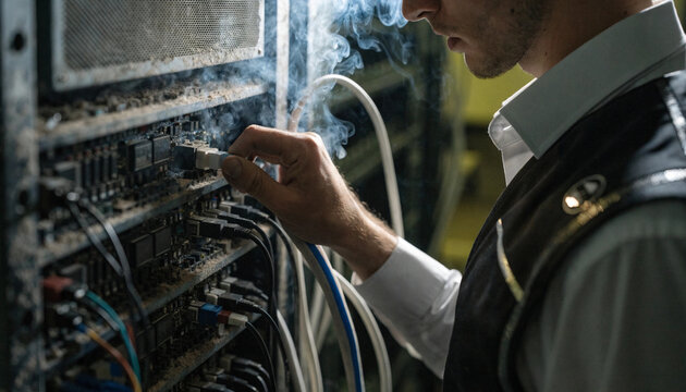Close-up of a dusty, smoking mainframe server rack being unplugged by an engineer wearing a sleek, modern corporate vest.  