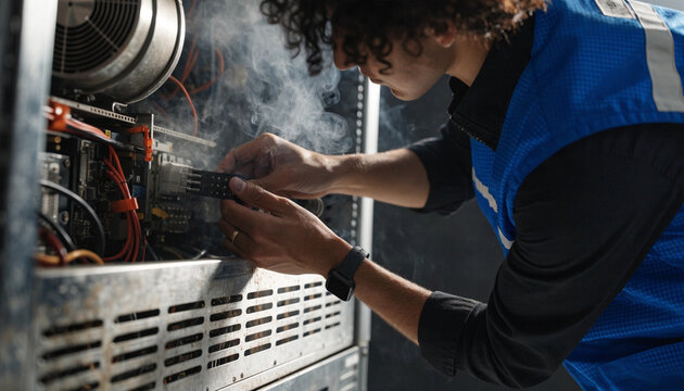Close-up of a dusty, smoking mainframe server rack being unplugged by an engineer wearing a sleek, modern corporate vest.  