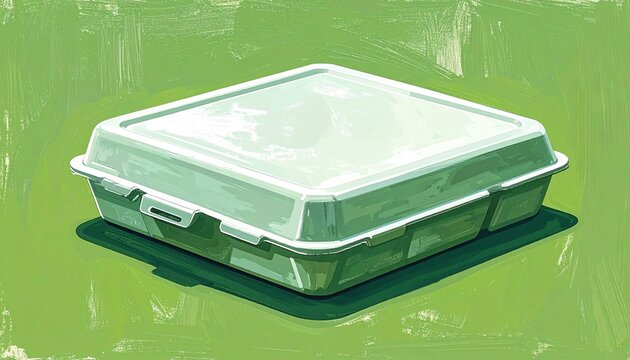 Empty white plastic takeout container on green background.