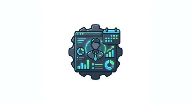 Industrial gear icon containing person and business data.