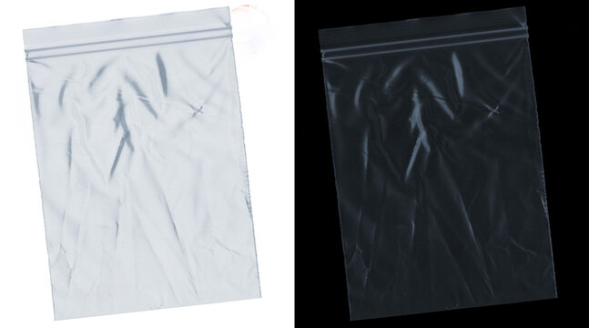 Transparent plastic zipper bag mockup, realistic wrinkled poly bag texture, clear polyethylene storage pouch on white and black background