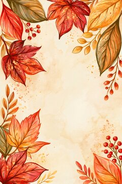 Autumn leaves and berries watercolor border frame