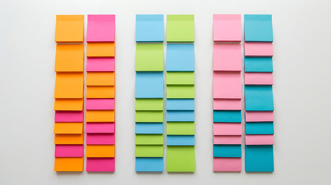 Rows of colorful adhesive note pads arranged on white wall background