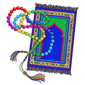 Colorful Islamic Prayer Rug and Tasbih Beads Illustration