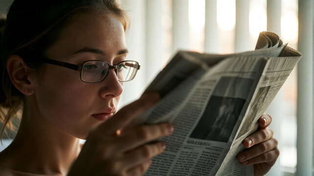 Focused female reader in quiet room, sunlight filtering through blinds