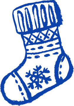 Hand drawn crayon doodle vintage winter sketch of Christmas stocking. Vector sock with gift illustration on white background.