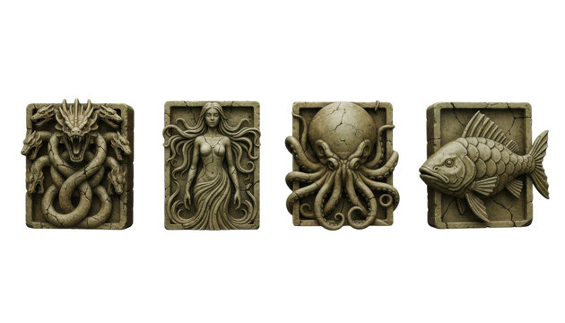 Set of Four Ancient Stone Relief Carvings with Mythical Creatures
