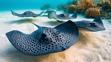 Fototapeta premium Spotted eagle rays swimming over sandy ocean floor