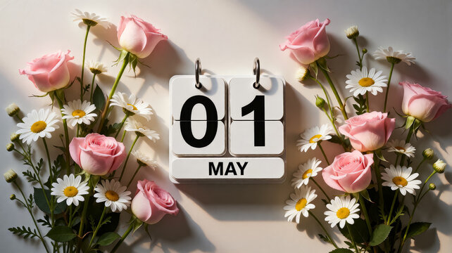 Fresh pink roses and white daisies frame a wooden calendar displaying 01 May
