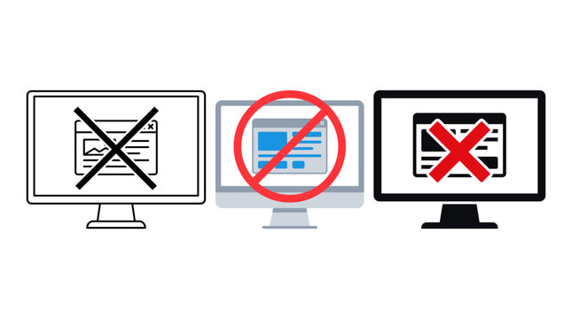 Set of adblock concepts featuring computer monitors with crossed browser windows in outline flat and solid styles for no ad themes