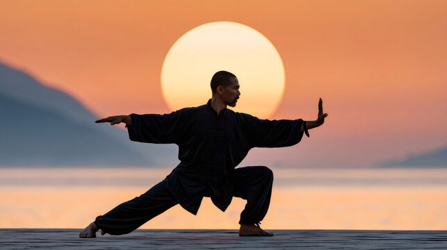 Man practicing tai chi at sunset for balance and meditation