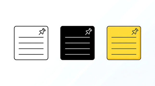 Icon set of sticky notes with push pins in three style variations, illustration
