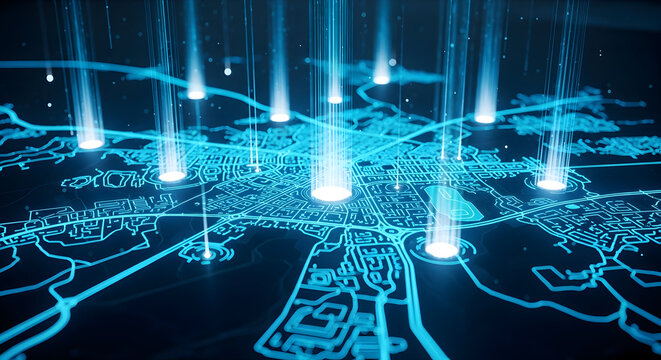 Futuristic Digital Map Visualization of Urban Infrastructure with Light Projections in a Modern Cityscape