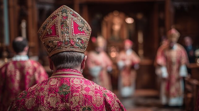Back view of a bishop wearing an ornate miter and pink vestments. Clergy standing in a church during a religious ceremony. Catholic or Orthodox liturgical service