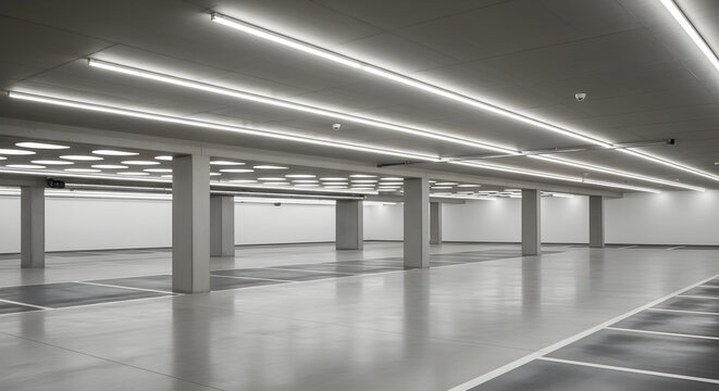 Spacious Modern Parking Garage Interior with Bright Artificial Lighting and Minimalist Architectural Design in Urban Setting