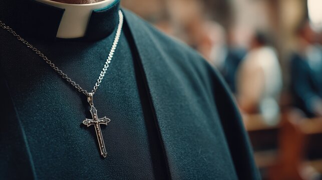 Close up of a priest wearing a clerical collar and silver crucifix necklace. Catholic pastor in black cassock inside a church. Christian religion symbol