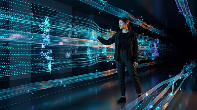 Woman walking through a stream of holographic light data in a futuristic corridor