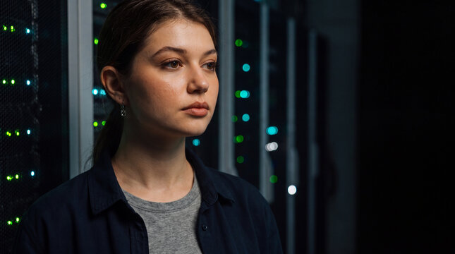 Portrait of a data center engineer amid blurred server room lights