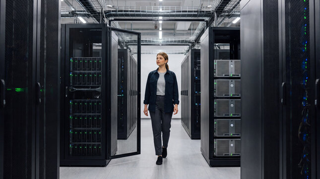 Woman walking through a stream of holographic light data in a futuristic corridor