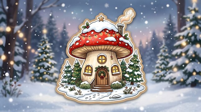Whimsical mushroom house in a snowy winter forest for Christmas holiday decor