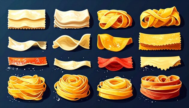 Assorted Fresh Pasta Varieties on Dark Background.