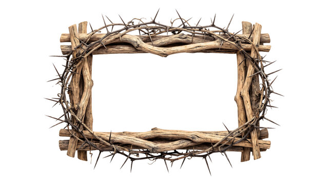 Crown of Thorns Wooden Cross Frame Religious Easter Border Transparent Background