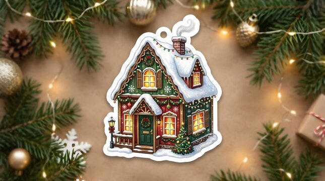 Christmas house ornament on festive background with pine branches and warm fairy lights