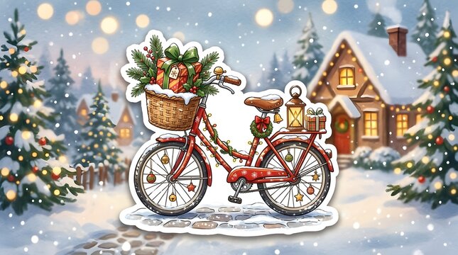 Red Christmas bicycle with gifts in basket against a snowy winter village background