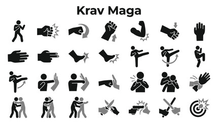 Fototapeta premium Set of Krav Maga martial arts icons featuring various self defense techniques and combat movements isolated on a transparent background