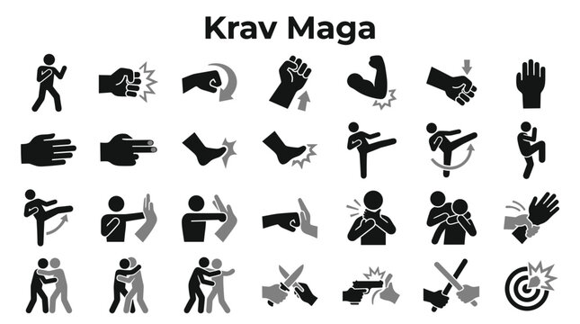 Set of Krav Maga martial arts icons featuring various self defense techniques and combat movements isolated on a transparent background
