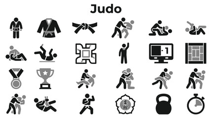 Obraz premium Set of black and grey martial arts judo icons showing various techniques combat stances and equipment isolated on a white background