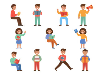 Fototapeta premium Flat Vector Illustration Set of Diverse Children Reading and Holding Books