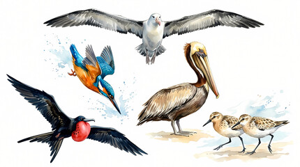 Obraz premium A collection of diverse bird species in various actions, including flight, diving, and standing, captured in a beautiful watercolor illustration.